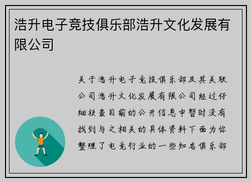 浩升电子竞技俱乐部浩升文化发展有限公司
